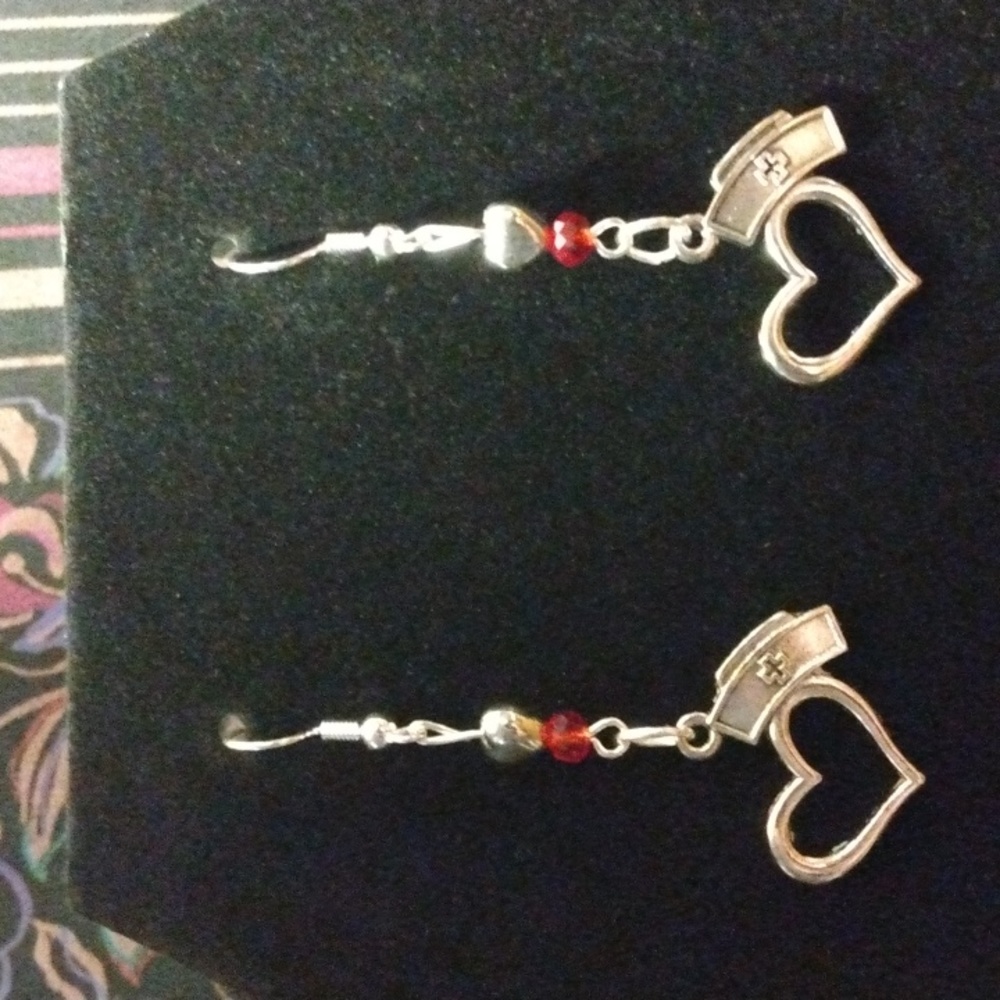 Medical Silver & Red Heart & Nurse Cap Hook Earrings